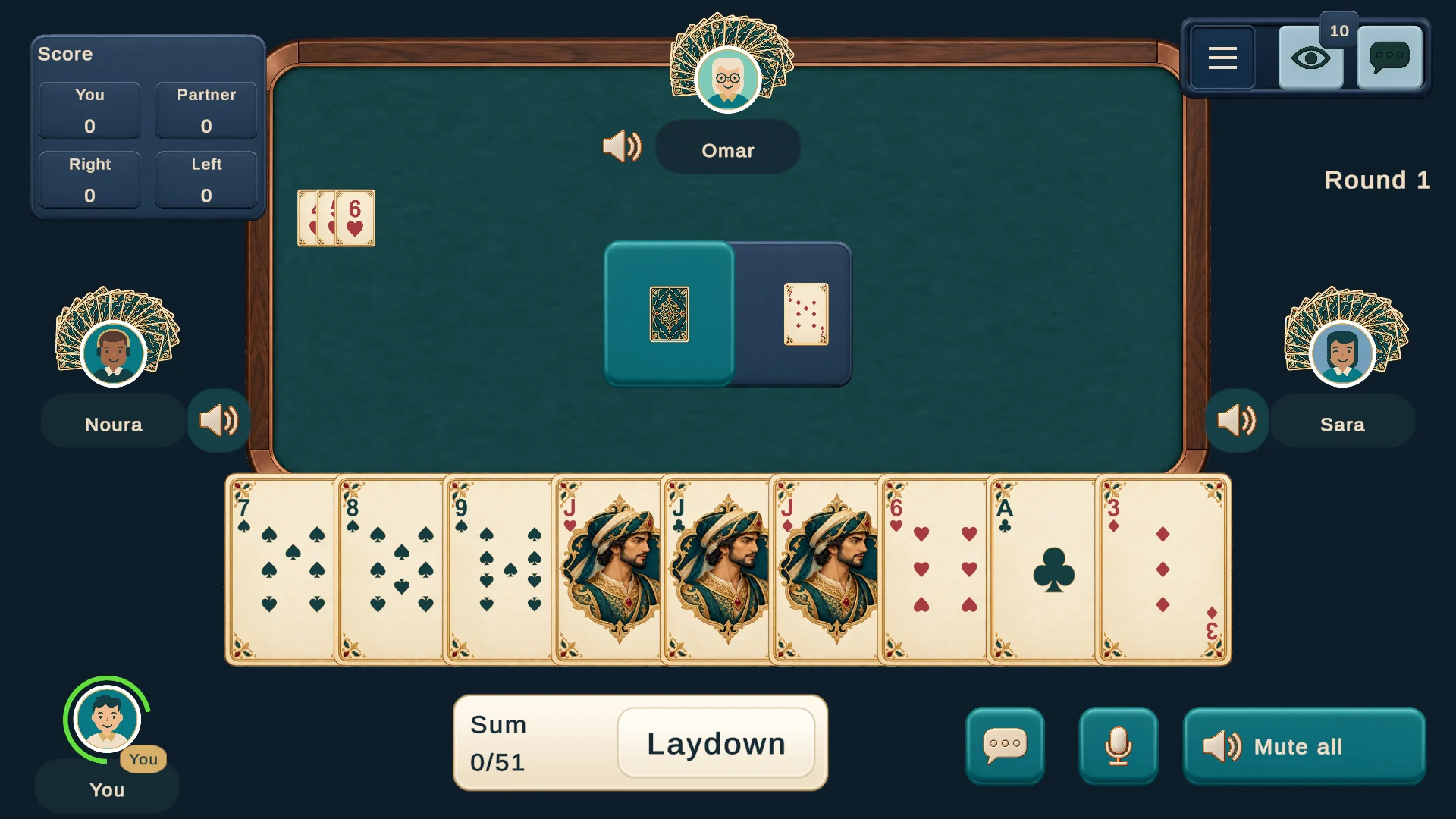 Hand gameplay with the Majlis Ivory deck on a teal card table