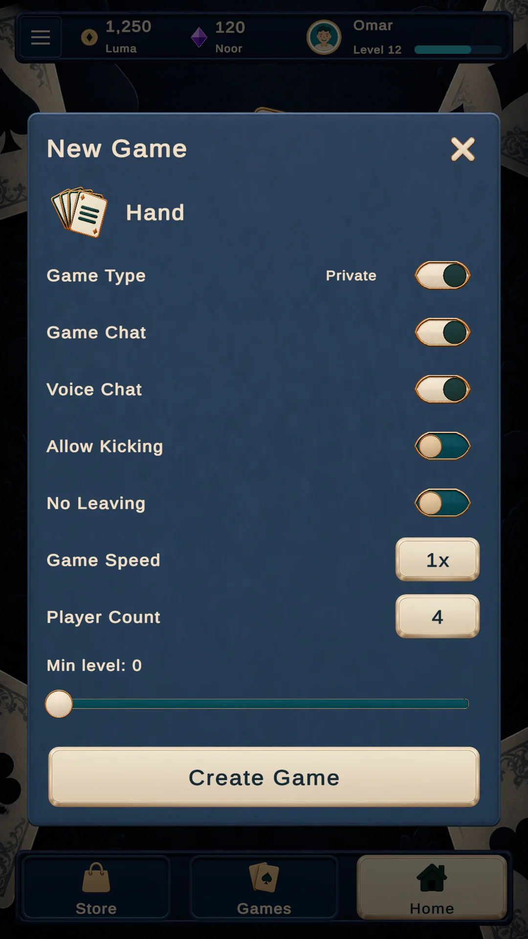 Private room settings including game selection, text chat and voice options